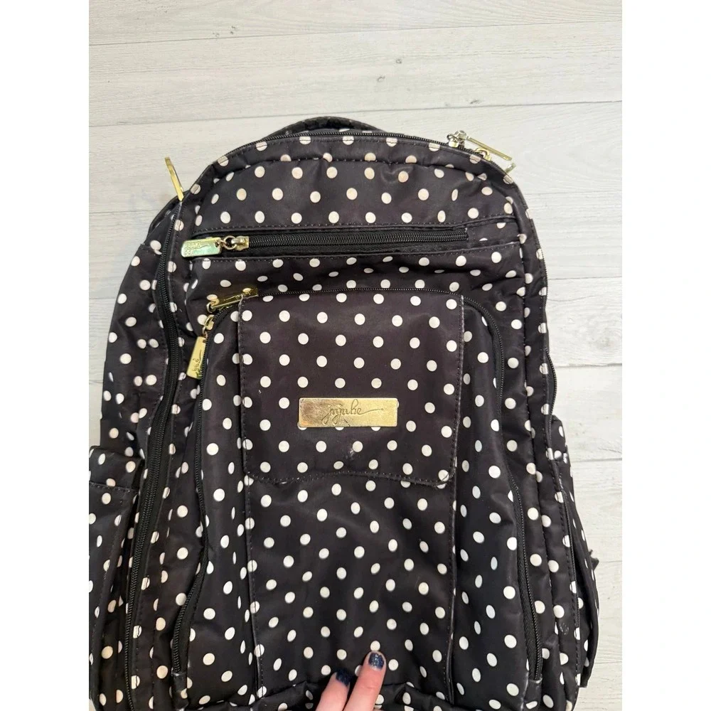 Jujube Be Right Back backpack diaper bag duchess print black and white polka dot